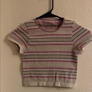 Striped Ribbed Knit Top - Pink and Cream